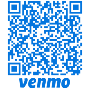 Blue QR code above the word 