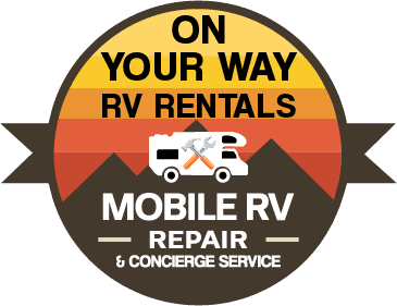 Logo with retro sunset colors, a white RV graphic with tools, and text: 