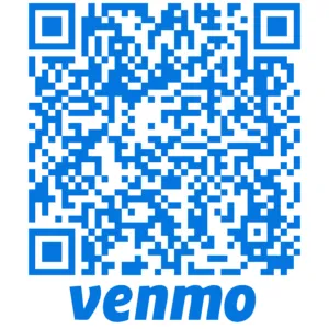 Blue QR code above the word 