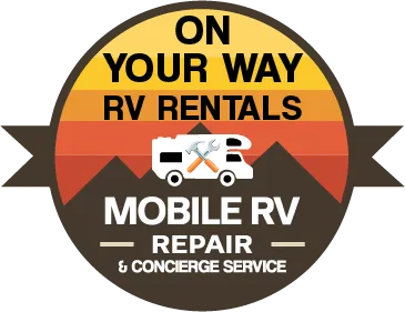Logo with retro sunset colors, a white RV graphic with tools, and text: 