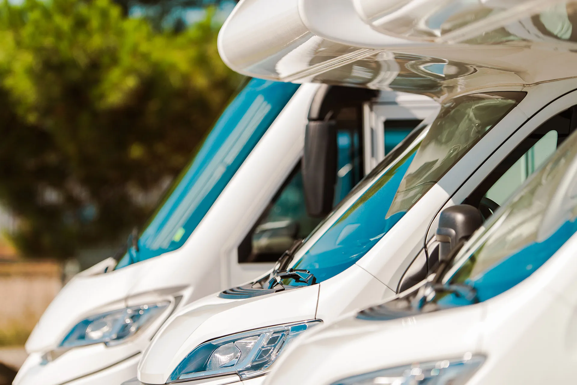 Close-up view of several white recreational vehicles (RVs) parked side by side, showing windshields, mirrors, and partial front exteriors.